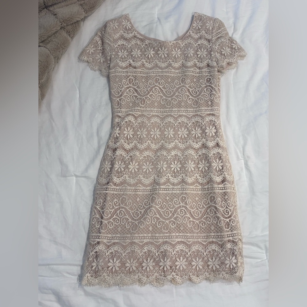 Vintage 90s Ann Taylor Champagne/Ivory Lace Mini Dress 4P - Picture 5 of 16